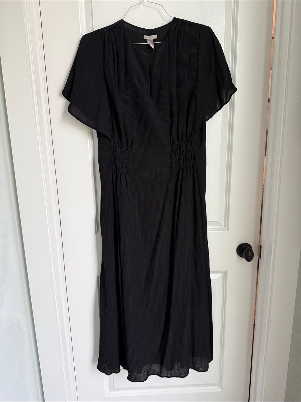 H&M Black Midi Dress with Flutter Sleeves and Gathered Waist